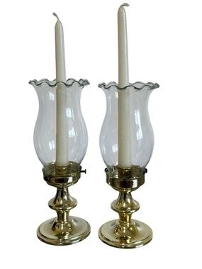 Vintage Brass & Glass Hurricane Candle Holders – Set of 2
